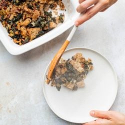 Dishing up warm vegan kale stuffing